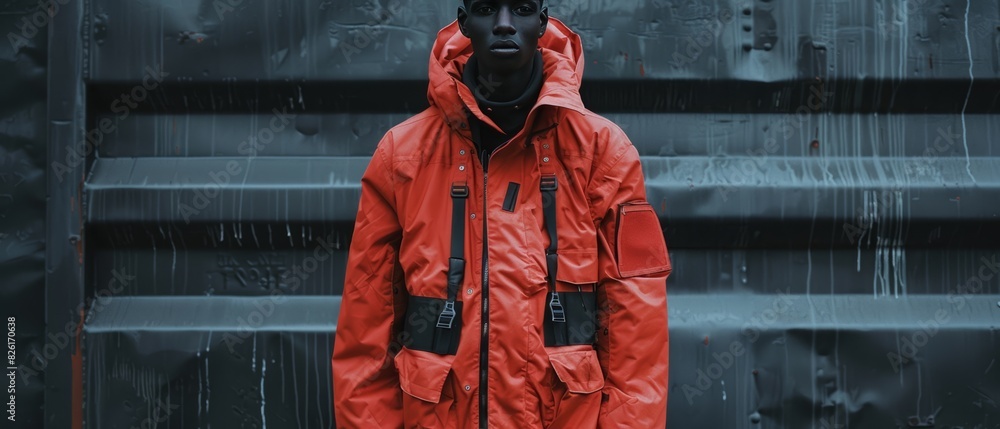 Fashion Red Jacket Urban Street Style, Black Man Model, Stylish Industrial Background, High Fashion