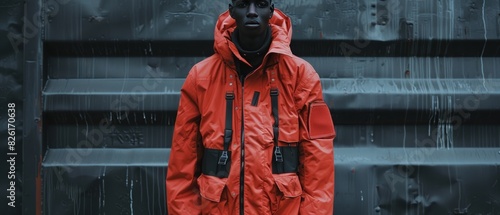 Obraz na płótnie Fashion Red Jacket Urban Street Style, Black Man Model, Stylish Industrial Background, High Fashion w salonie