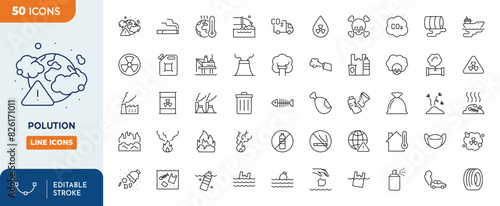 Polution Line Editable Icons set.Containing Air polution, water polution, microplastic, trash, gas, toxic, and more. Editable stroke. Vector illustration	
