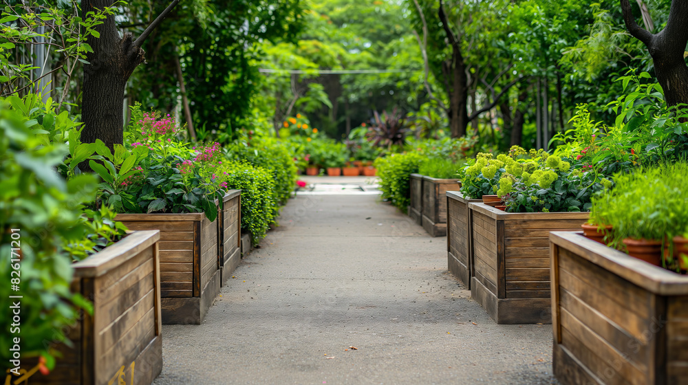 A straight concrete walkway surrounded by lush greenery and wooden planter boxes in a serene garden setting A straight concrete walkway surrounded by lush greenery and wooden planter boxes in a serene garden setting