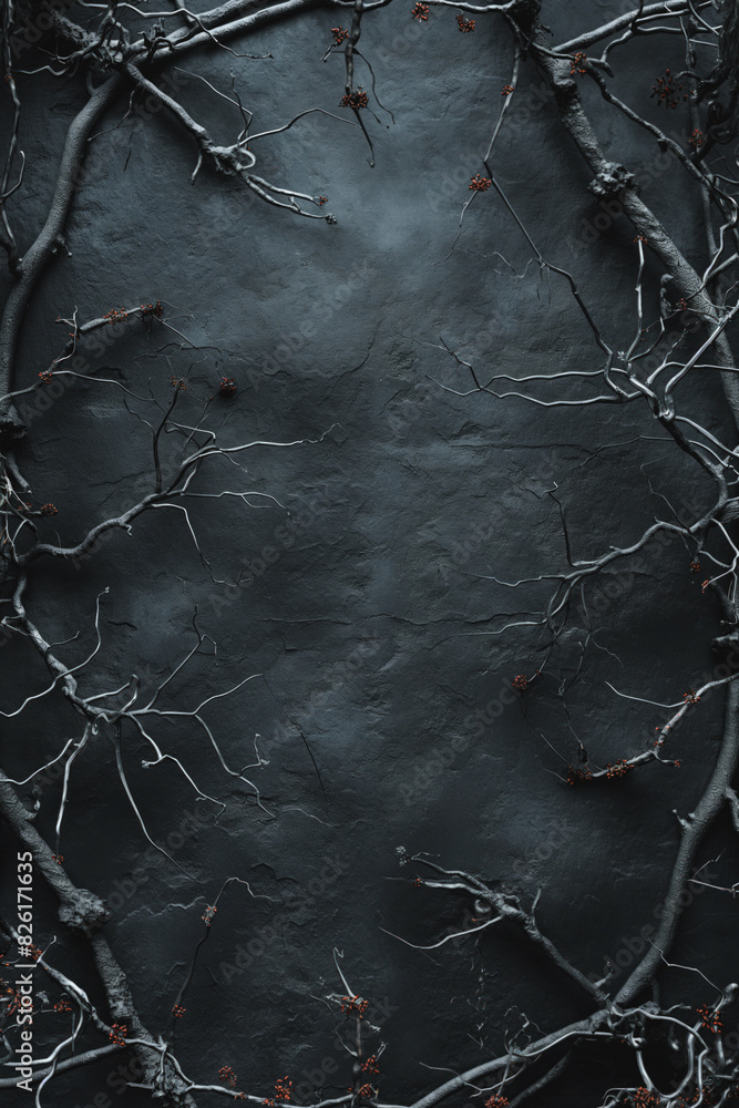 Naklejka premium Fantasy dark Gothic backdrop framed by dry branches, thorns, ivy. Old worn black grunge background bordered with horror dry branches and thorns. Medieval cinematic dark fantasy concept.