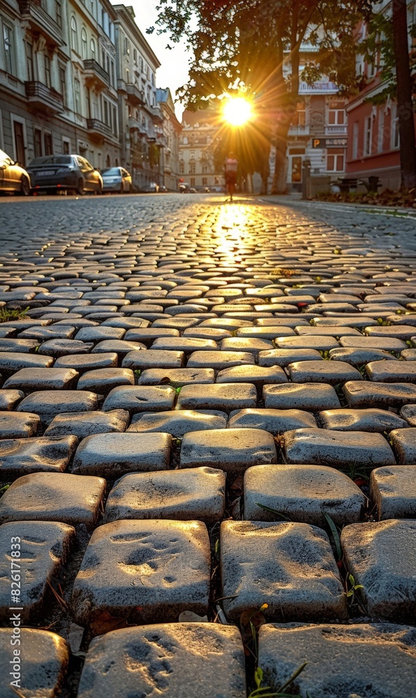 Fototapeta premium Golden Sunset on Cobblestone Street in Historical European Town