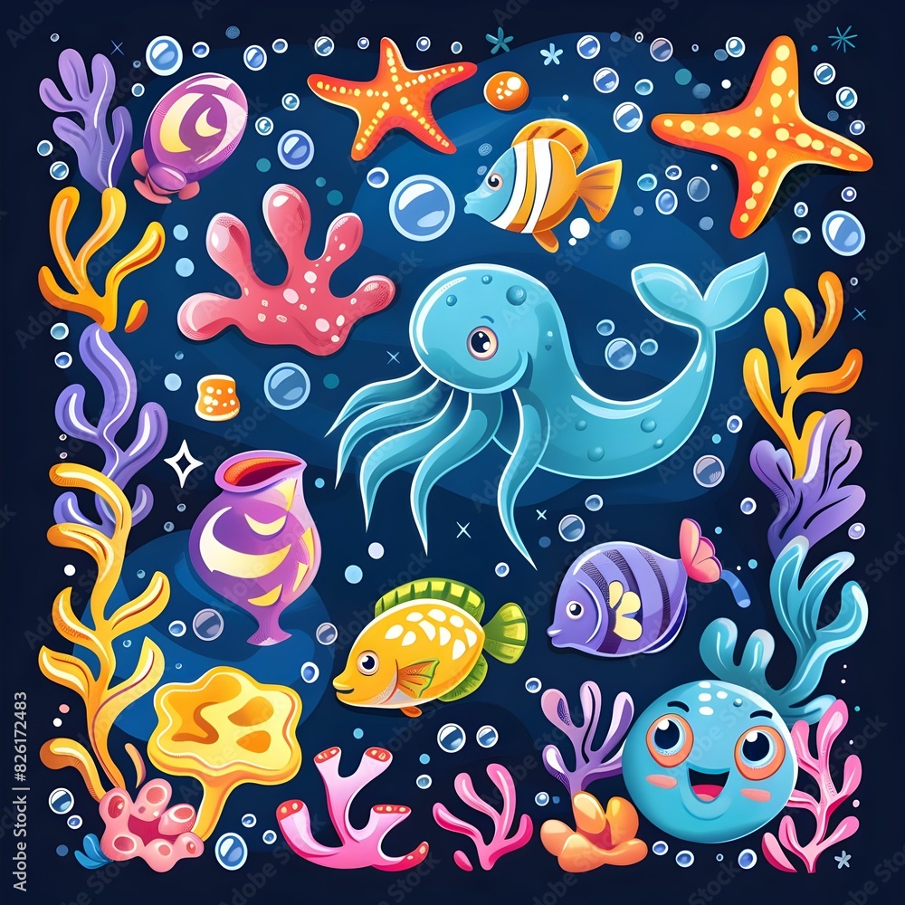 Colorful Underwater Scene with Marine Creatures Ai generated