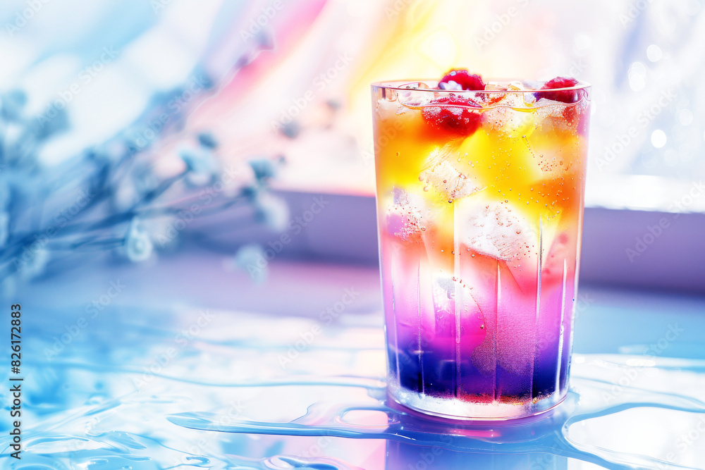 Vibrant gradient beverage in a glass with raspberries and effervescence, set against a soft, fresh-inspired backdrop. Vibrant gradient beverage in a glass with raspberries and effervescence, set against a soft, fresh-inspired backdrop.