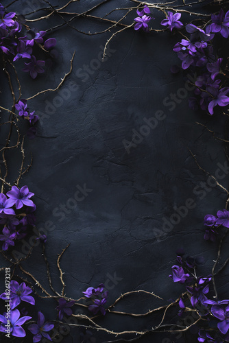 Gothic fantasy dark background surrounded by dry branches, thorns, ivy, and purple flowers. Black old worn grunge backdrop framed with horror dry branches and thorns. color pop contrast