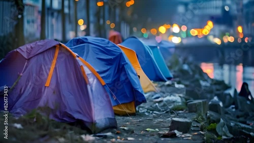 Migrants show resourcefulness in urban survival by creating makeshift shelters in cities. Concept Urban Survival, Resourcefulness, Migrant Communities, Makeshift Shelters, City Living photo