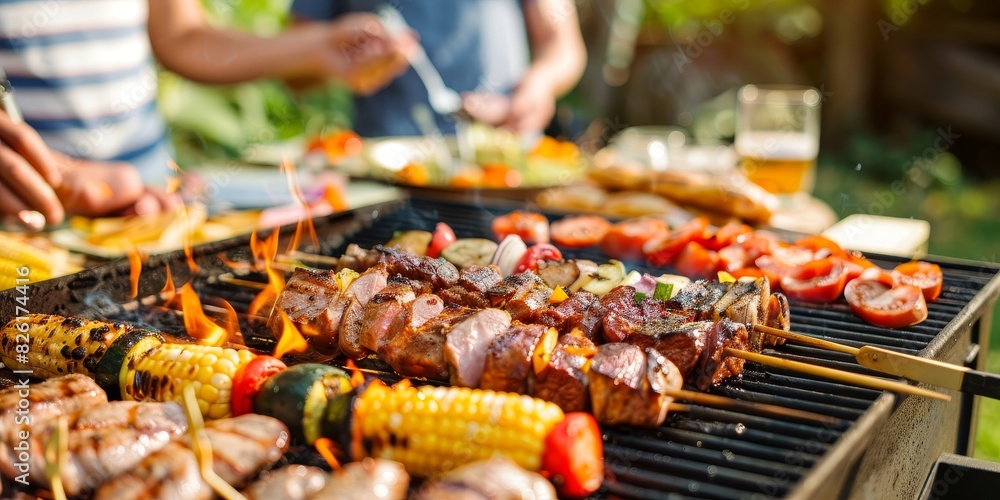 A group of people are gathered around a barbecue grill, enjoying a meal together generated by AI
