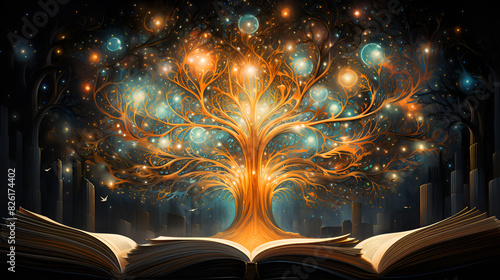 Conceptual image with books and a glowing light. Suitable for themes related to knowledge, literature, and imagination photo