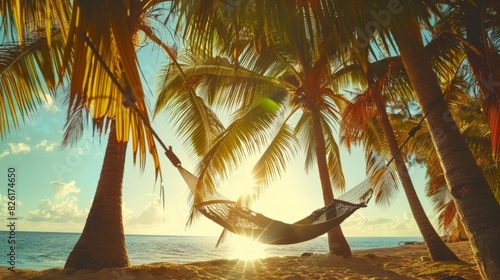 Serenity at Sunset  Relaxing Hammock Between Tropical Palms on Seaside