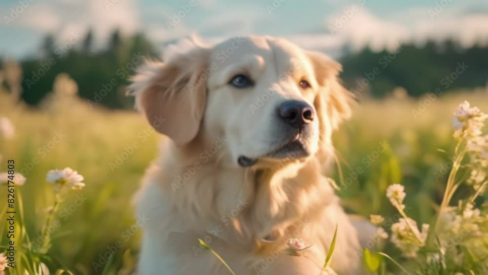 Golden retriever dog in flower field Golden retriever dog in flower field