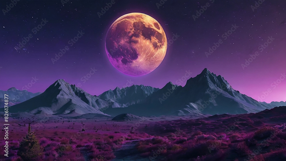large, glowing moon rising over a mountain range. large, glowing moon rising over a mountain range.