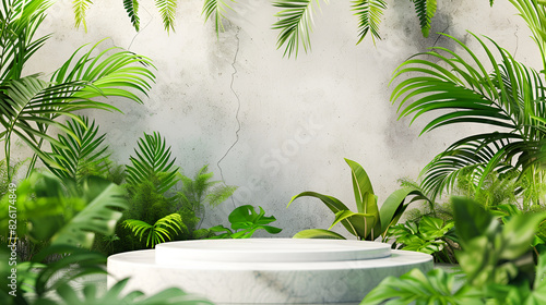 White podium stage on sandy beach for product presentation with palm leaves and white wall background,nature fresh leaf wallpaper garden,A modern Podium with nature tropical plans background
