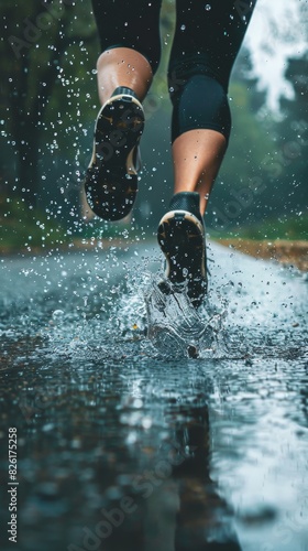 A person is running through a puddle of water, with their feet splashing up generated by AI © PZPIXEL.AI