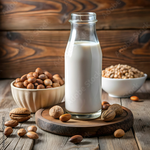 bottle and glass of milk with nuts
