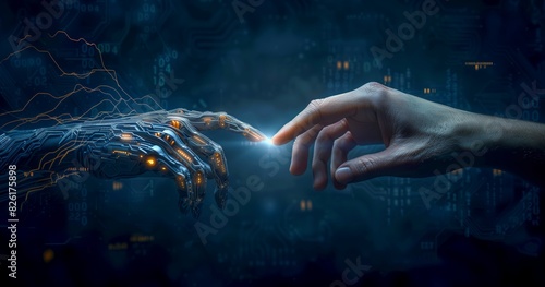 Futuristic Vision of Human and Robotic Hand Touching in Digital Universe Symbolizing Technological Advancement