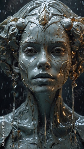 Beautiful female marble sculpture under the rain