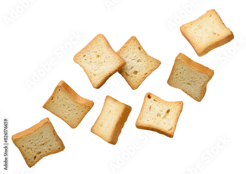 Croutons bread flying close-up on a white. Isolated