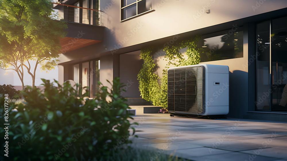 Fototapeta premium Air heat pump near modern house. Generative AI