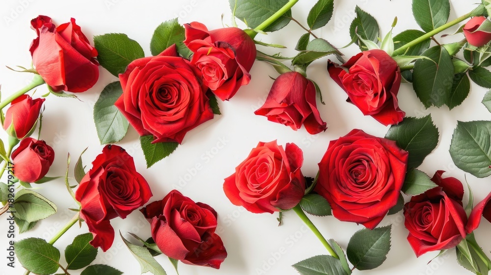 Beautiful pink roses framed on a white background, in a flat lay top view style copy space Beautiful pink roses framed on a white background, in a flat lay top view style copy space