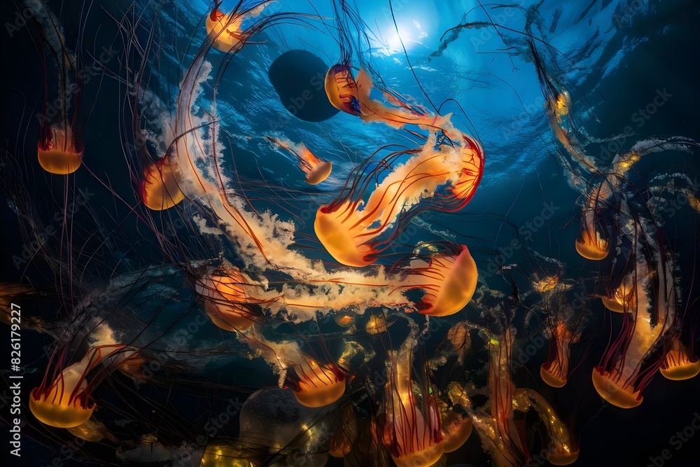 Fototapeta premium jellyfish underwater ocean bioluminescence tentacles underwater creatures