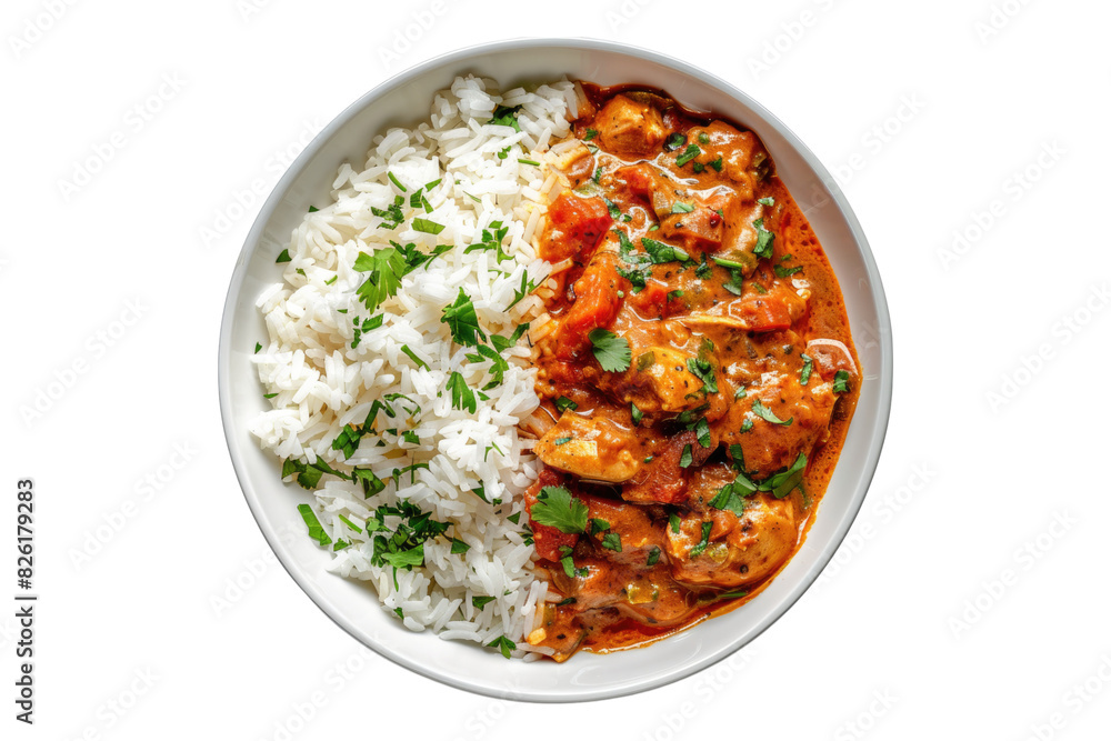 Chicken tikka masala with rice isolated on white background Chicken tikka masala with rice isolated on white background