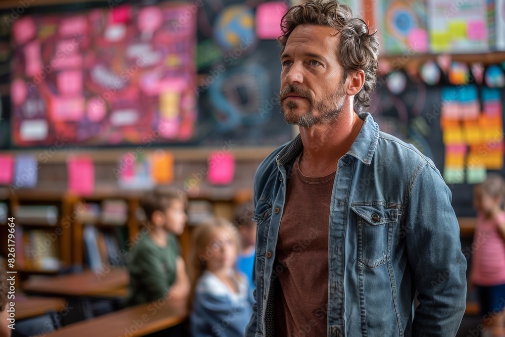An adult man in a jean jacket looks contemplative amidst a classroom setting An adult man in a jean jacket looks contemplative amidst a classroom setting