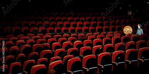 A lonely stickman in a busy cinema, surrounded by couples, eating popcorn with an empty seat on either side.