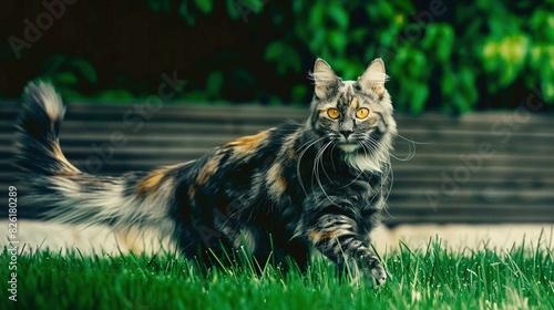   A feline sauntering through verdant fields adjacent to an emerald forest brimming with myriad green trees photo