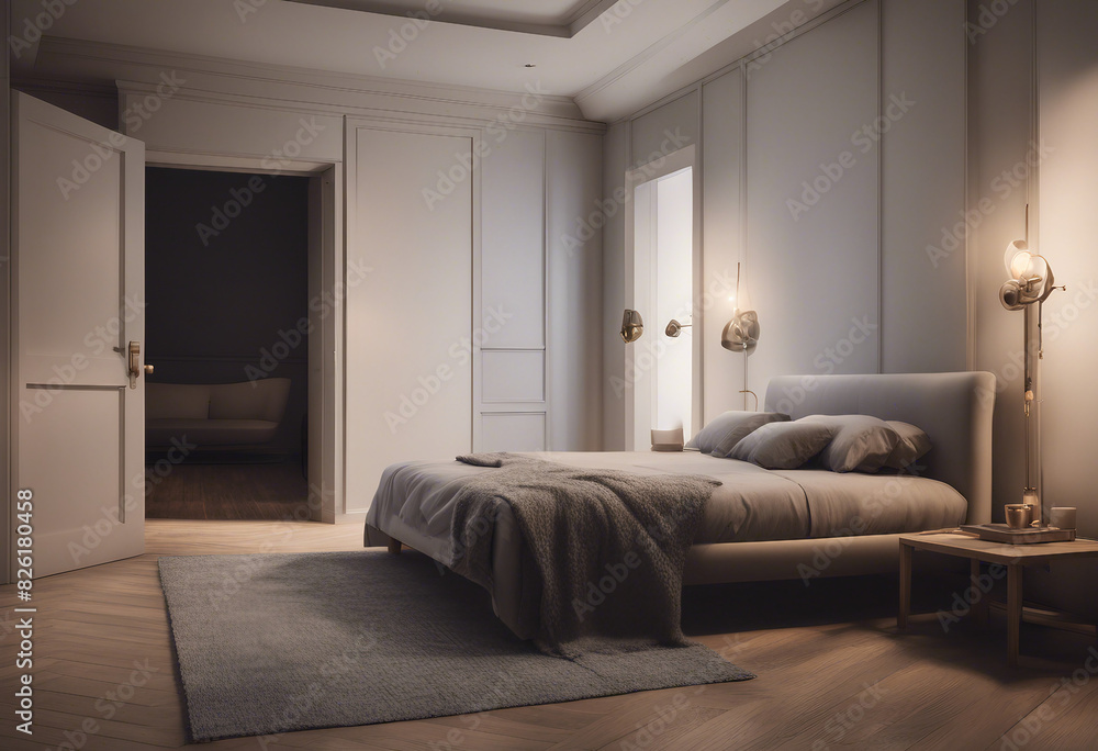 Bedroom interior with open door and lamp Bedroom interior with open door and lamp