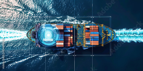 top view of a cargo ship with vessel cruising in deep dark sea, Container ship, international shipping concept, running from container, connect future technology, generative ai photo