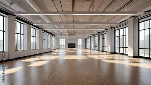 A wide-angle perspective captures a contemporary open-plan office featuring a sleek polished wooden floor. The focal point of the image is the floor itself, producing a blurred background effect