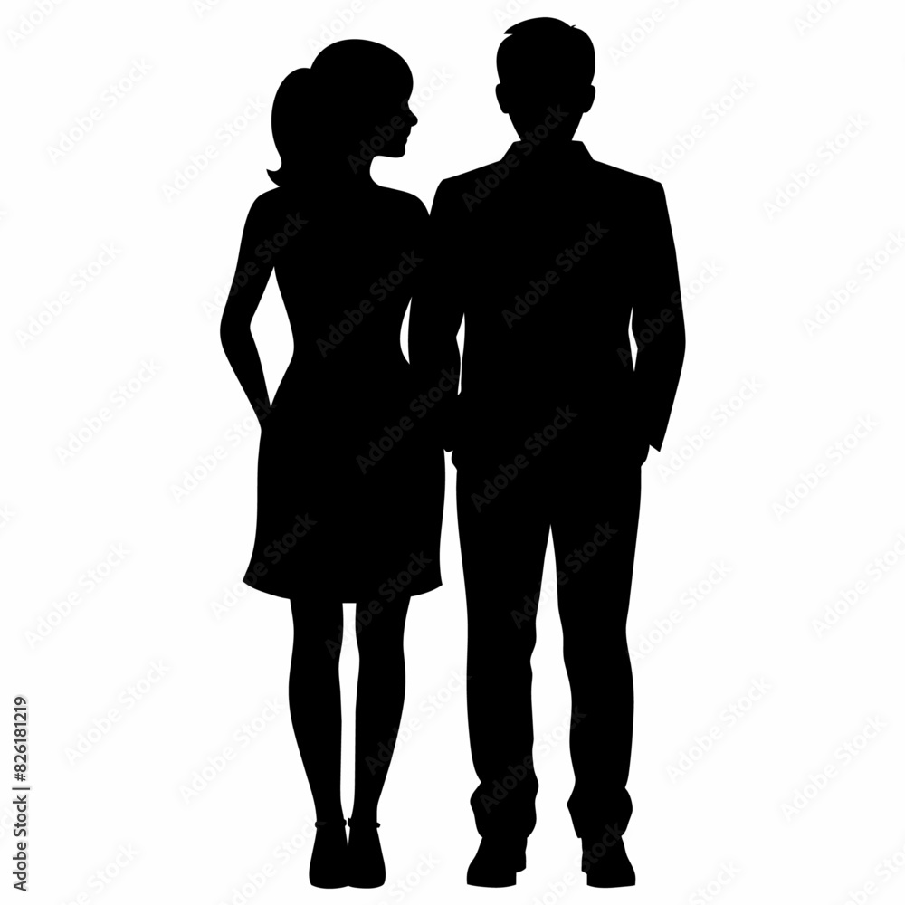 Couple of young people standing and embracing each other vector silhouette