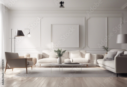 Bright living room interior with white empty wall