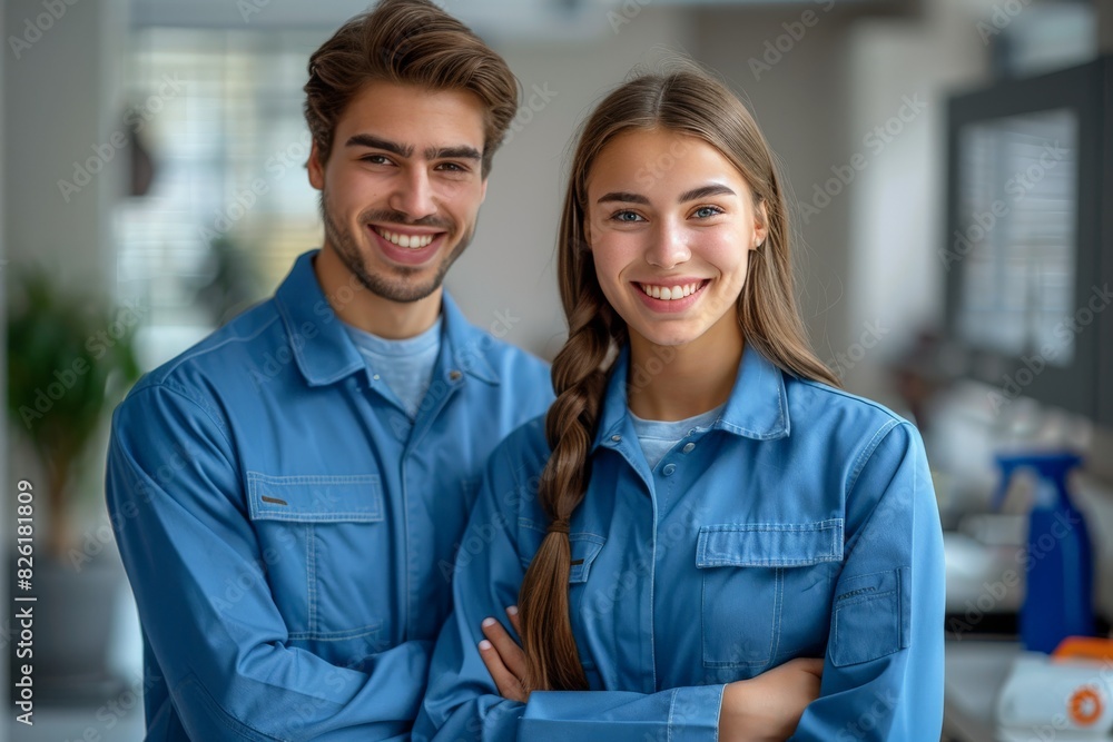 Two young professionals in matching blue shirts smiling confidently at the camera Two young professionals in matching blue shirts smiling confidently at the camera