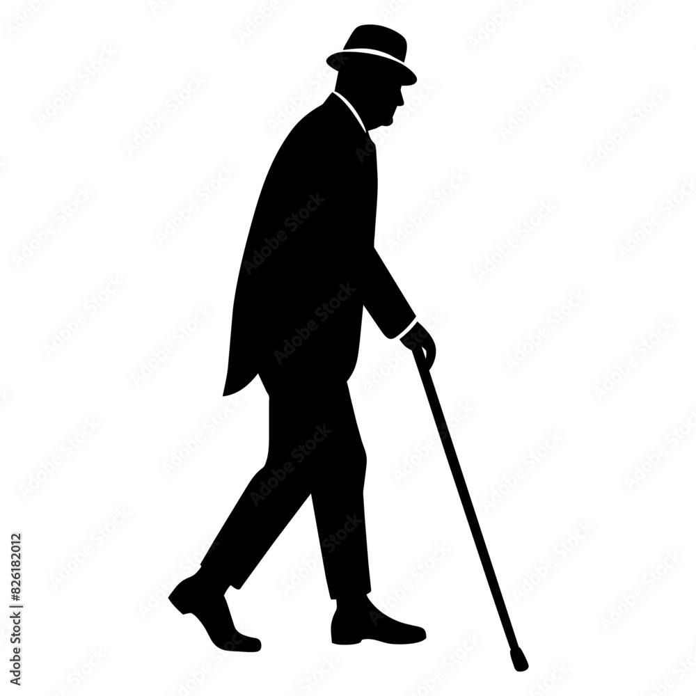 old man walking and relying on a cane, black color vector silhouette set against a white background old man walking and relying on a cane, black color vector silhouette set against a white background