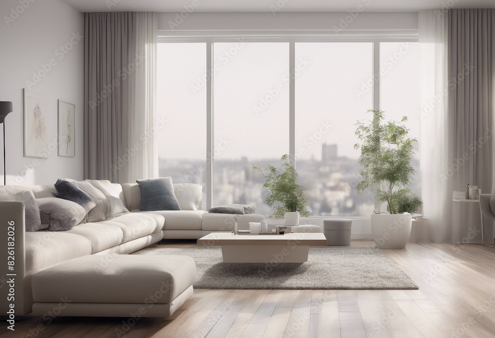 Contemporary living room interior with white wall and panoramic window Contemporary living room interior with white wall and panoramic window