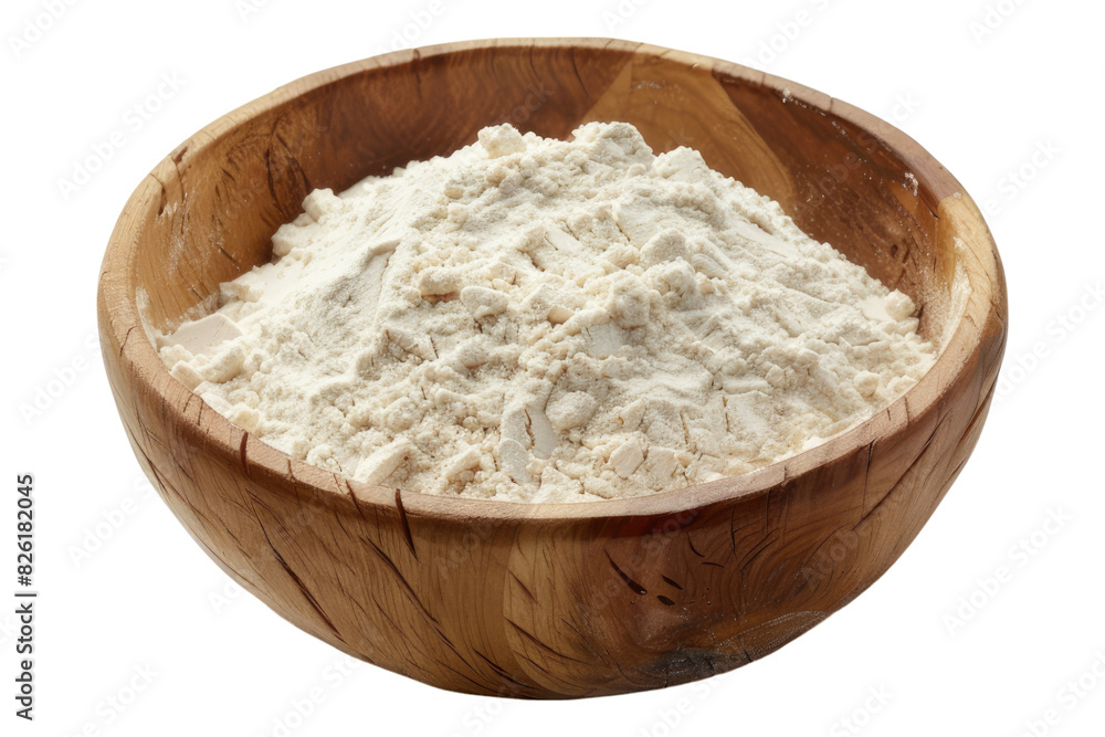 Flour in a wooden bowl isolated on white background Flour in a wooden bowl isolated on white background