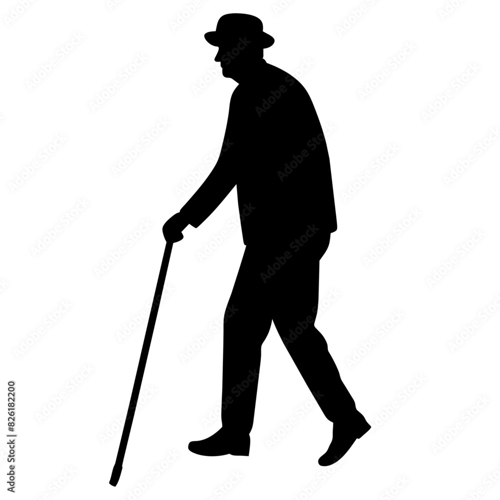 old man walking and relying on a cane, black color vector silhouette set against a white background