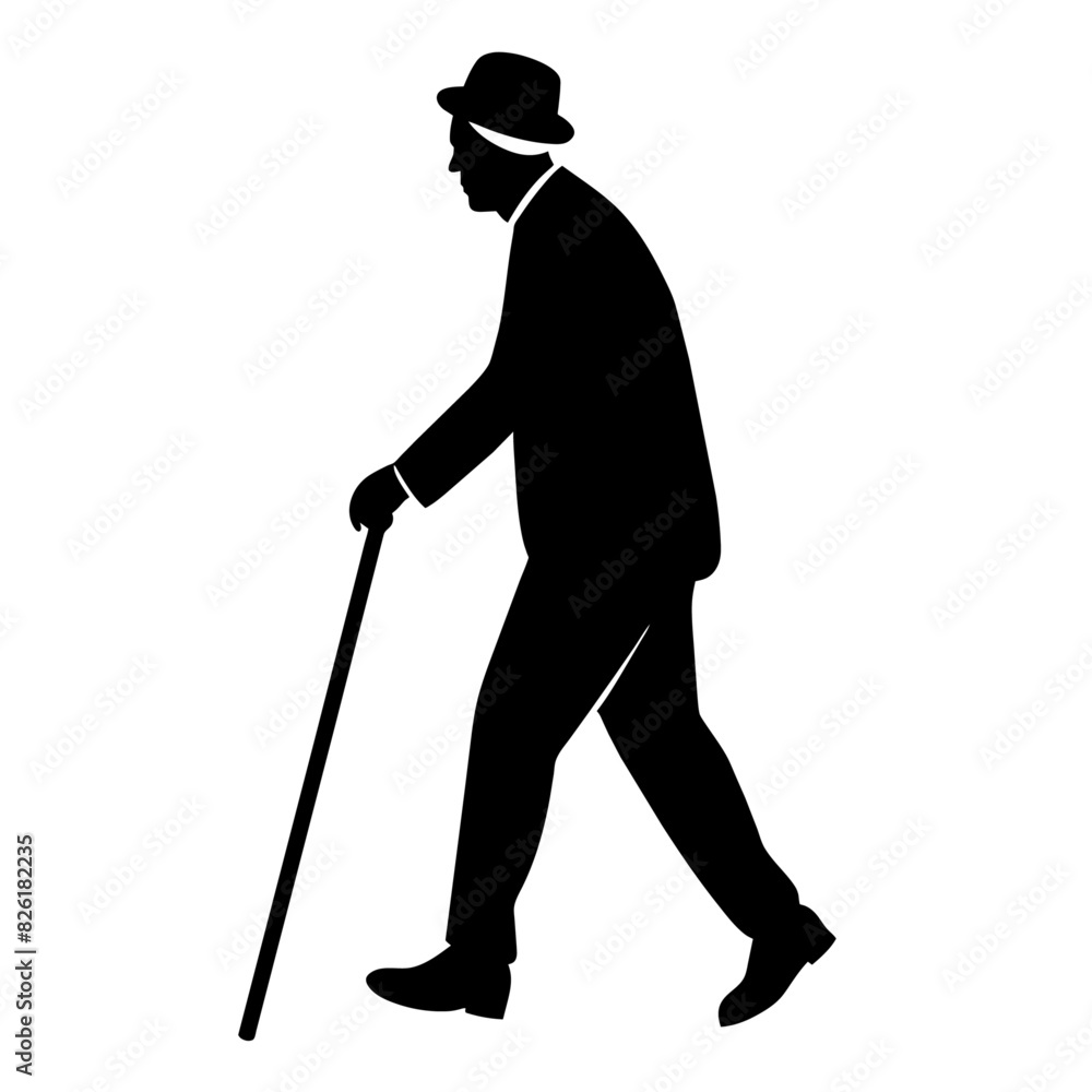 old man walking and relying on a cane, black color vector silhouette set against a white background old man walking and relying on a cane, black color vector silhouette set against a white background