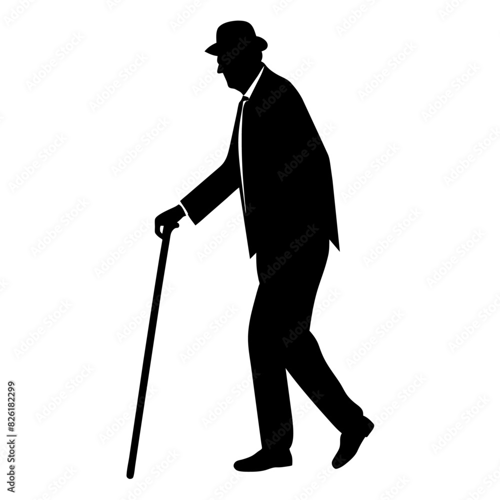 old man walking and relying on a cane, black color vector silhouette set against a white background old man walking and relying on a cane, black color vector silhouette set against a white background