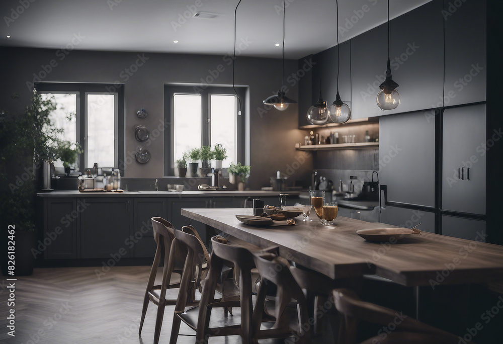Dark gray kitchen with bar and dining table Dark gray kitchen with bar and dining table