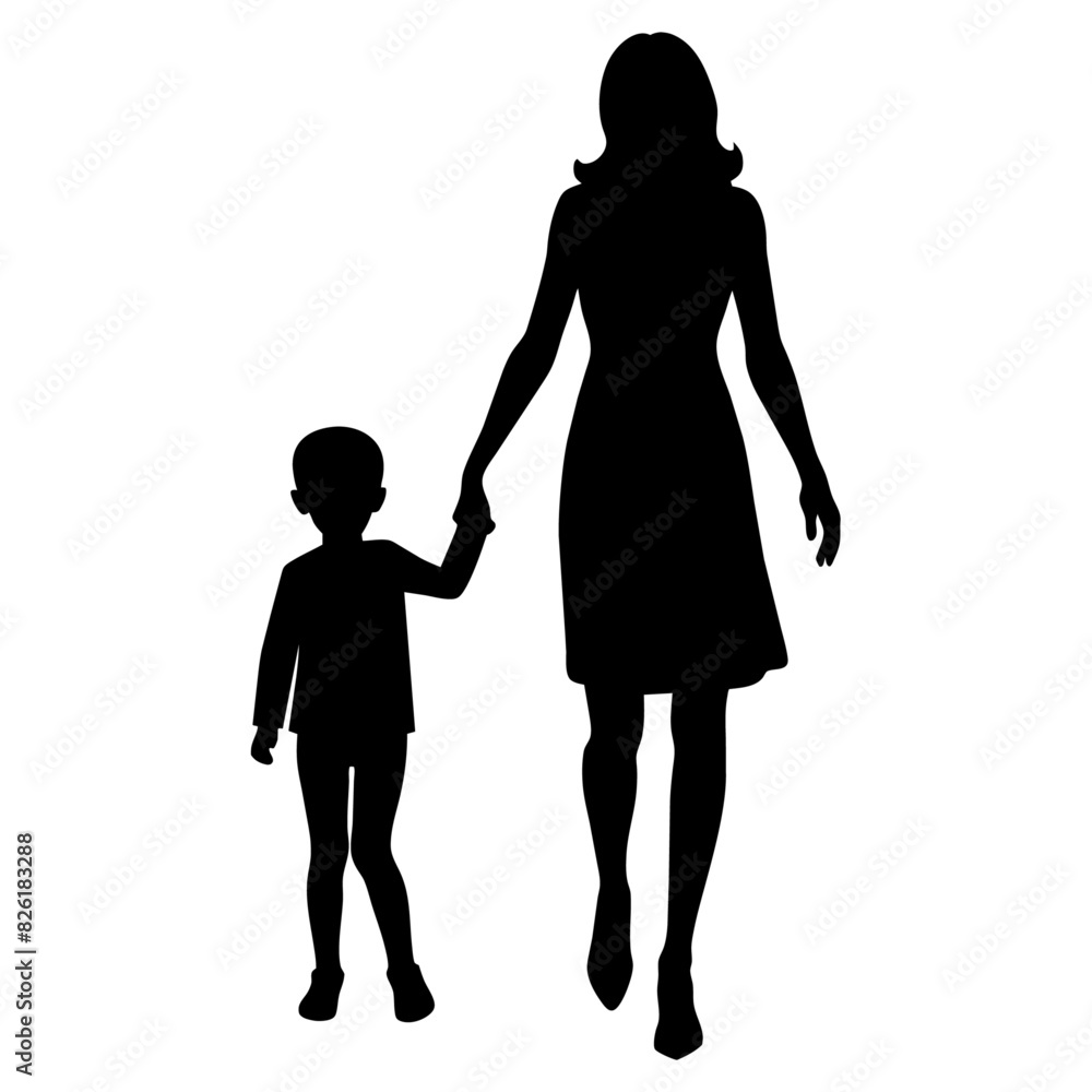 young mother in a modern outfit walking with holding her child hand side by side vector silhouette young mother in a modern outfit walking with holding her child hand side by side vector silhouette