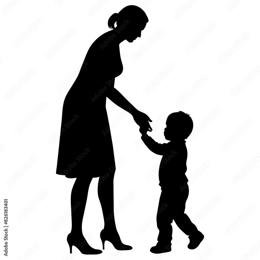 young mother she want to learn her child how to walk first step vector silhouette 