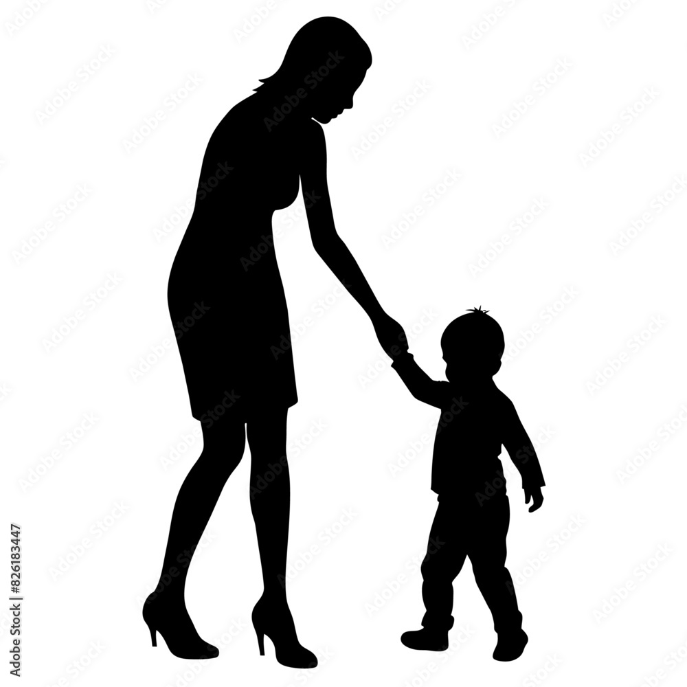 young mother she want to learn her child how to walk first step vector silhouette 