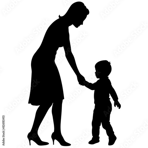 young mother she want to learn her child how to walk first step vector silhouette 