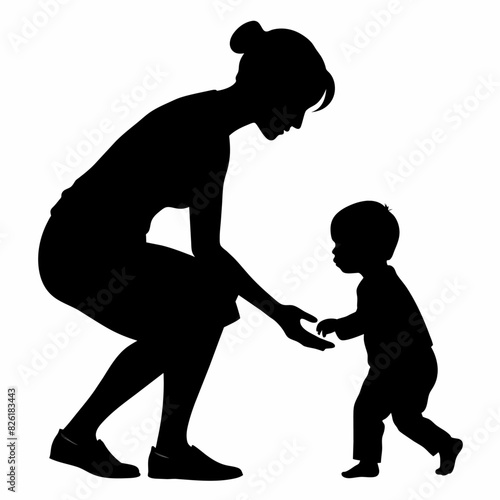 young mother she want to learn her child how to walk first step vector silhouette 