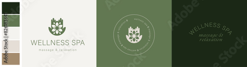 Bienestar spa logotipo branding diseño de marca para lugar de relajación mano mandala geometría flor naturaleza cuidado masajes y terapias naturales