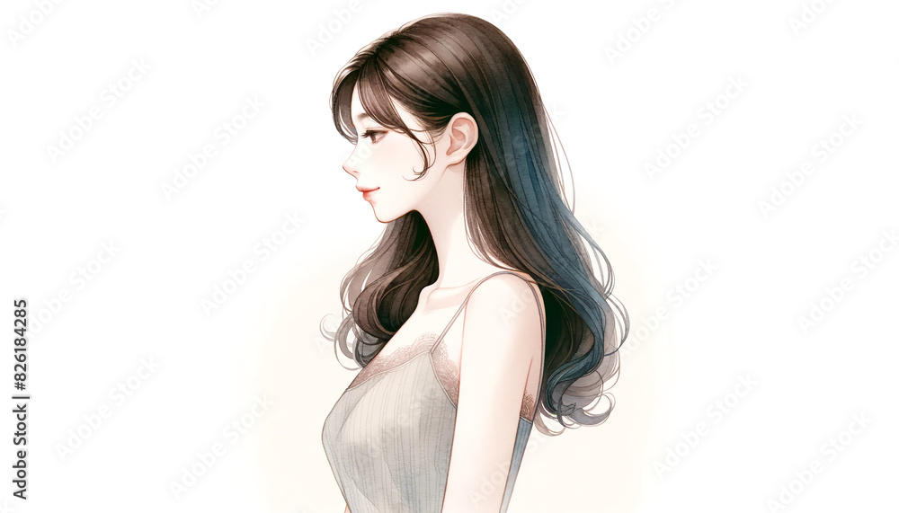 Watercolor Illustration of Japanese Woman in a Camisole with Long Hair Watercolor Illustration of Japanese Woman in a Camisole with Long Hair