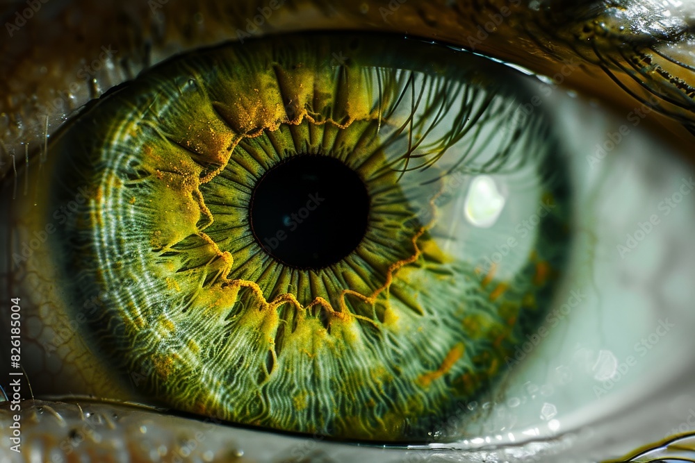 Close up of a green eye with intricate details and a golden inner ring, captured in a bright setting, emphasizing vivid color contrast