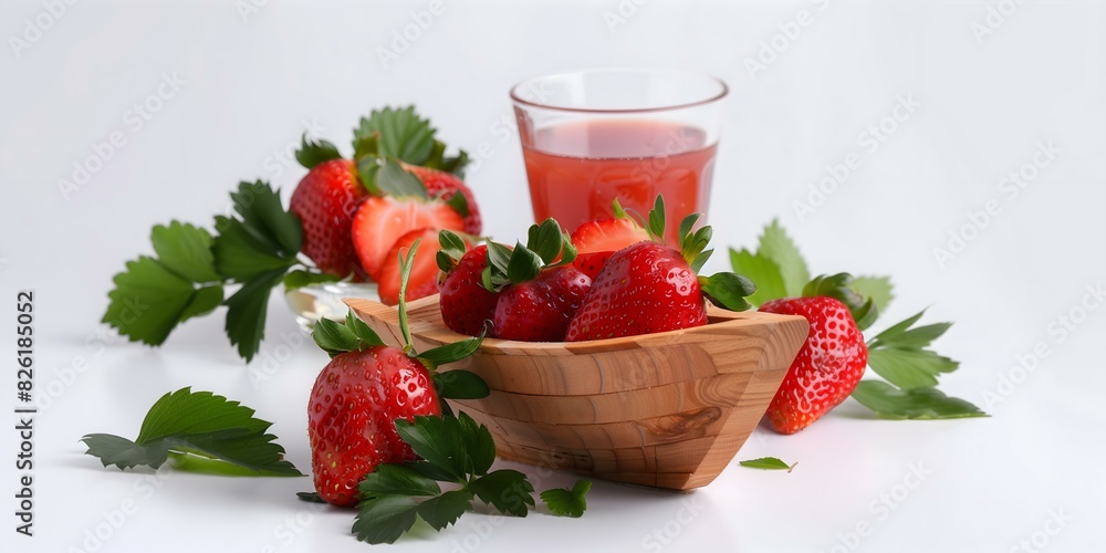 Strawberries are placed in a wooden plate shaped like a rowboat, It has slightly decorative green leaves, On the back is a glass of strawberry juice, white background Used for assembling products. Strawberries are placed in a wooden plate shaped like a rowboat, It has slightly decorative green leaves, On the back is a glass of strawberry juice, white background Used for assembling products.